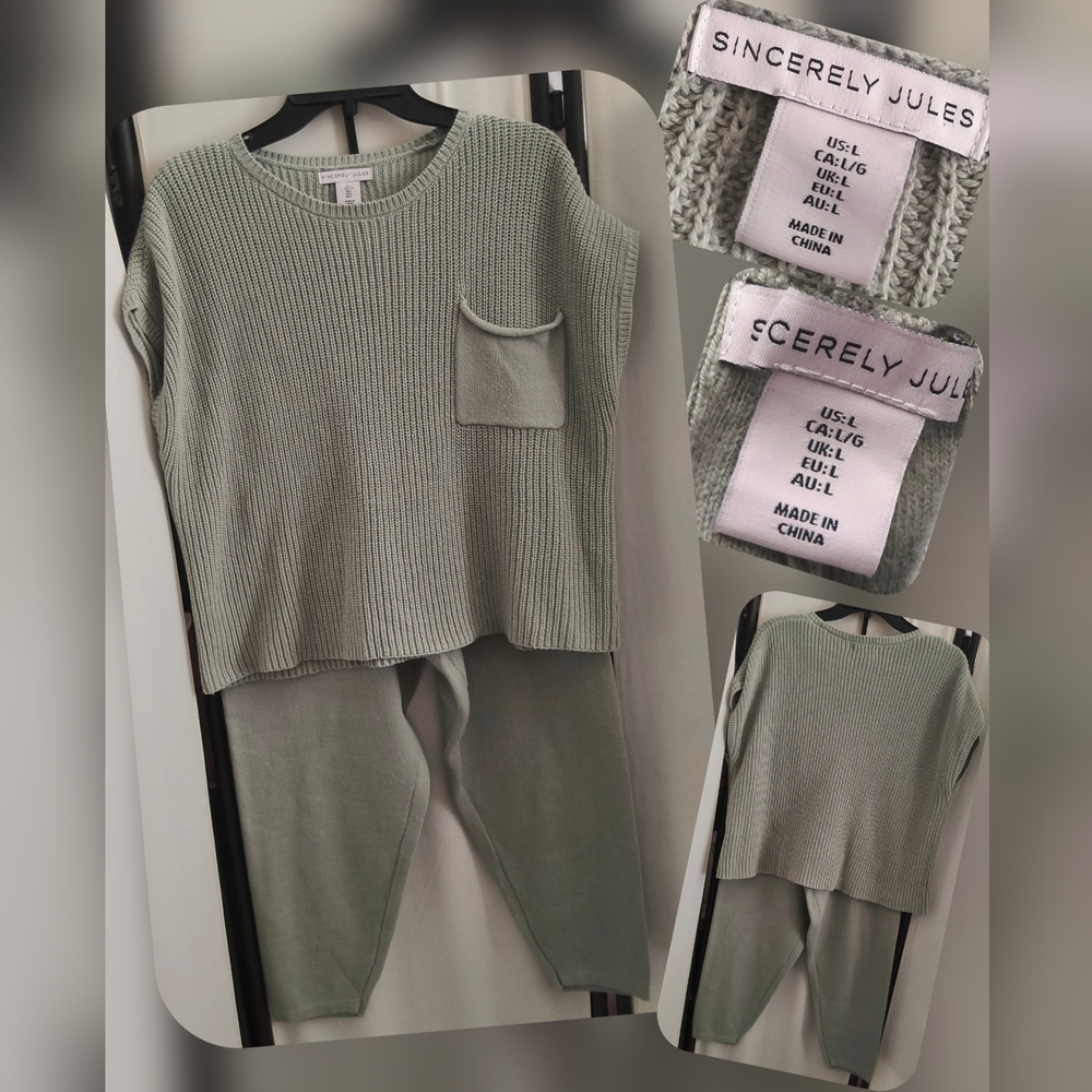 Sincerely Jules Green Sweater Top and Pants Set Size Lg
